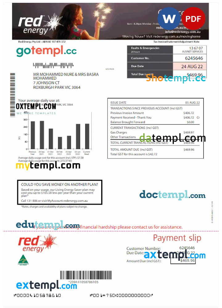 AUSTRALIA RED ENERGY utility bill Word and PDF template
